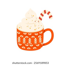 Cute Christmas mug with hot cocoa, chocolate or coffee and decorated with whipped cream and candy cane. Vector illustration isolated on white background. Hand drawn flat cartoon style