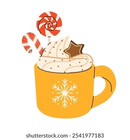 Cute Christmas Mugs with cacao, whipped cream, marshmallow, gingerbread and candy cane. Seasonal flavored products, cards for New Year or winter holidays. Vector flat illustration 