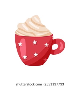 Cute Christmas Mugs with cacao and whipped cream. Seasonal flavored products, cards for New Year or winter holidays. Isolated on white