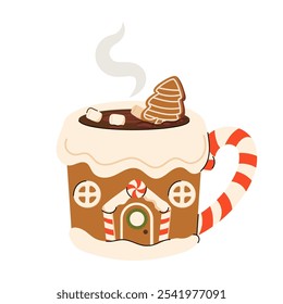 Canecas de Natal bonitas em forma de casa de gengibre, com cacau, chantilly, marshmallow e cana de doces. Produtos aromatizados sazonais, cartões de Ano Novo ou férias de inverno. Ilustração em plano vetorial 