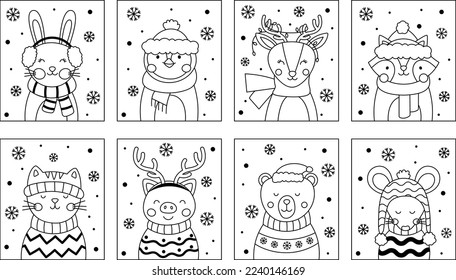 Cute Christmas and New Year animals with snowflakes. Great for children's coloring books, cards, invitations. Vector illustrations in doodle style. Set of winter animals