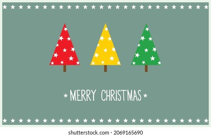 Cute Christmas New Year banner with three colorful fir trees decorated with stars in white frame on teal background. Template with copy space