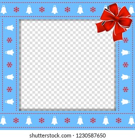 Cute Christmas or new year blue border with xmas bells, snowflakes pattern and red bow on transparent background. Vector illustration, square template, photo frame, scrapbooking with empty copy space.