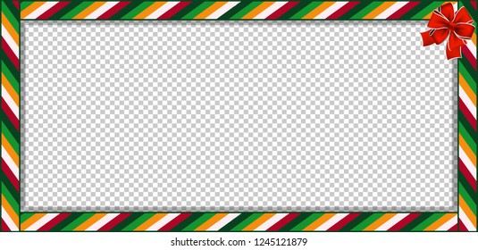 Cute Christmas or New Year border with colored striped pattern ornament and red festive bow on transparent background. Vector rectangle template, frame, banner, billboard, signboard, copy space.