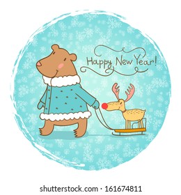 Cute Christmas and New Year card with a bear and a deer on a sled