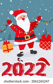 Cute Christmas and New Year card with santa claus and lettering 2022 EPS 10