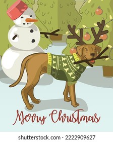 A cute Christmas  New Year card and dog   gnawing branch from snowman  Chaos the street New Year's Eve  Funny story in pictures  Suitable for printing clothes   postcards 