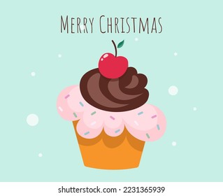 Cute Christmas and New Year cupcake. Merry Christmas. Appetizing sweets on a light background. Festive cake. Postcard, banner. Vector isolated. Flat style. Creative element for your design.