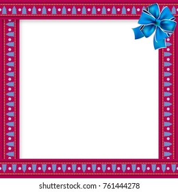 Cute christmas or new year frame with blue christmas trees  pattern on festive purple, wrapped with blue ribbon in the corner and space for text. Vector illustration, template, border for design. 