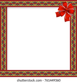 Cute christmas or new year frame with red, green, yellow zig zag pattern, red festive bow in the corner and space for text. Vector illustration, template, border for design. 