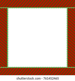 Cute Christmas or new year frame with green and red diagonal stripes Vector illustration, template, border with space for text for design. 