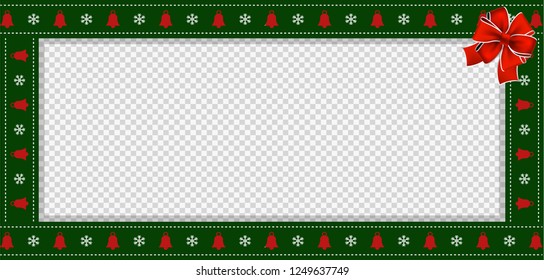Cute Christmas or new year green border with xmas snowflakes and bells pattern ornament, red festive bow on transparent background. Vector rectangle template, banner, signboard, billboard, copy space