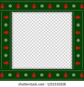 Cute Christmas or new year green border with xmas snowflakes and bells pattern ornament isolated on transparent background. Vector square template, photo frame, scrapbook element, copy space