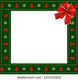 Cute Christmas or new year green border with xmas snowflakes and bells pattern ornament and red festive bow on white background. Vector square template, photo frame, scrapbook element, copy space