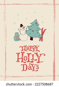 linda tarjeta de felicitación de Navidad y Año Nuevo, afiche, imprenta, invitación, diseño de pancartas decorado con doodles y letras de 'Feliz Holly days'. EPS 10