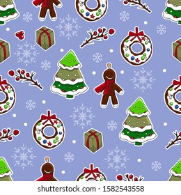Cute christmas and new year hand drawn background. Vector seamless pattern for wrapping, wallpaper, scrabooking. Holly, christmas tree, gingerbread man, santa, candies, lollipops, wreaths. 