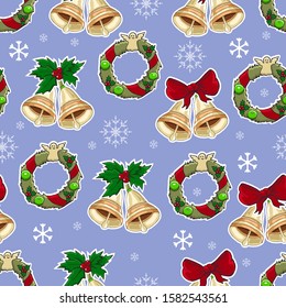 Cute christmas and new year hand drawn background. Vector seamless pattern for wrapping, wallpaper, scrabooking. Holly, christmas tree, gingerbread man, santa, candies, lollipops, wreaths. 