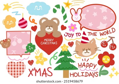 Cute Christmas and New Year illustrations of teddy bear, cat, bunny, candy cane, Christmas tree, ornament, flower, heart, cherry, star, clover leaf, JOY TO THE WORLD letters, text bubbles, happy cloud