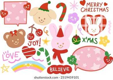 Cute Christmas and New Year illustrations of teddy bear, puppy, pink bunny, candy cane, red scarf, party hat, heart, clover leaf, rainbow, ornament, text bubbles, cherry, MERRY CHRISTMAS letters, star