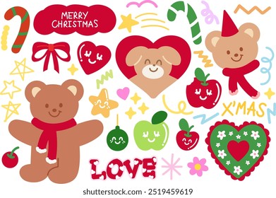 Cute Christmas and New Year illustrations of teddy bear, puppy, red scarf, party hat, heart, ribbon, candy cane for Christmas card, decorations, winter sticker set, festive campaign, animals, cartoon	