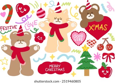 Cute Christmas and New Year illustrations of teddy bear, cat, red scarf, party hat, Christmas tree, ornaments, festive font, heart, candy cane, good vibe letters, cherry, apple, star, star, confetti