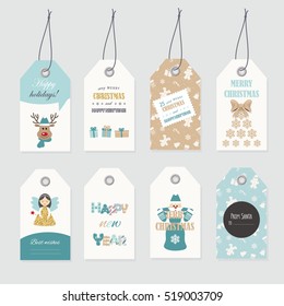 Cute Christmas and New Year labels set with glitter.