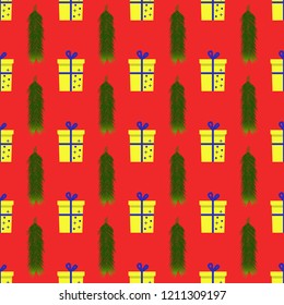 Cute Christmas or New Year pattern with present boxes and fir branches on the red background, wrapping paper vector