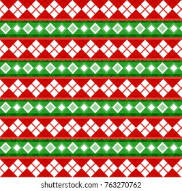 Cute Christmas or new year pattern with diamond rhombus on red and green striped background. Vector illustration, banner, template for design.
