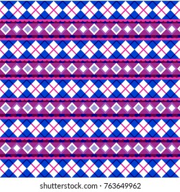 Cute Christmas or new year pattern with diamond rhombus on blue and violet striped background. Vector illustration, banner, template for design.
