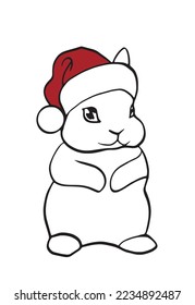 Cute christmas, new year rabbit in santa claus hat cartoon style. vector graphics