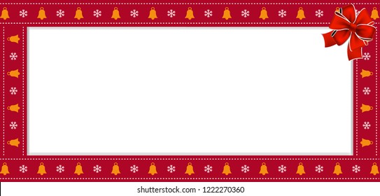 Cute Christmas or new year rectangle banner, border, frame with bells and snowflakes pattern and festive red ribbon isolated on white background. Vector illustration, banner, template with copy space