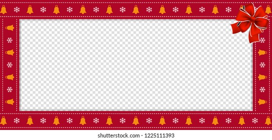 Cute Christmas or new year rectangle banner, border, frame with bells and snowflakes pattern and festive red bow on transparent background. Vector illustration, banner, template with copy space