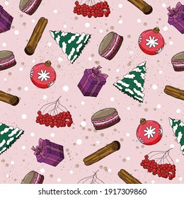 Cute Christmas and New Year seamless pattern. Hand-drawn cookies, cinnamon, gifts, rowan, Christmas tree, toys, on a pink background with snow and golden scatter. Vector winter illustration.