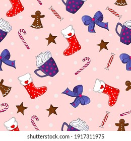 Cute Christmas and New Year seamless pattern. Hand drawn cups, candy canes, blue bows, cookies and red boots on a pink background. Vector winter illustration.Gift wrapping paper
