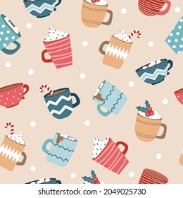 Cute Christmas and New Year seamless pattern for wrap paper with cups. Fashionable template for design.