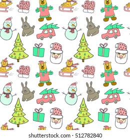 Cute Christmas and New Year seamless pattern.Cat on a sled, tree, rabbit, car, gift, snowman and Santa Claus.