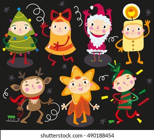 Cute christmas and new year set. New year kid's costumes. Funny characters.Bell, new year tree, elk, star,elf, santa, candy.