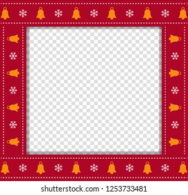 Cute Christmas or new year square border, photo frame with bells and snowflakes pattern isolated on transparent background. Vector illustration, photoframe, scrapbook clip art template with copy space