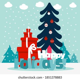 Cute Weihnachten und Neujahr Vektorgrafik mit Geschenken, Garland und Weihnachtsbaum verziert mit Urlaubsspielzeug. Sonniger Winterurlaubshintergrund und Karte