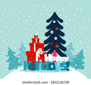 Cute Weihnachten und Neujahr Vektorgrafik mit Geschenken, Garland und Weihnachtsbaum verziert mit Urlaubsspielzeug. Sonniger Winterurlaubshintergrund und Karte