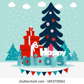 Cute Christmas and New Year vector illustration with presents, garland and Christmas tree decorating with holiday toys. Funny winter holiday background and card