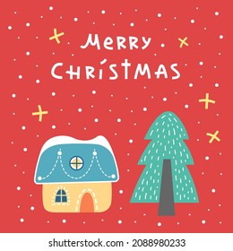 Cuta tarjeta de felicitación vectorial de Navidad y Año Nuevo. Ilustración infantil de estilo escandinavo sobre el tema de las vacaciones de invierno. Impresión universal o tarjeta de saludo para saludos, envoltura, decoración, textil