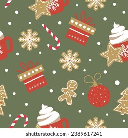 Cute Christmas and New Year vector illustration. Seamless pattern with snowflakes, cup of cocoa, gifts, candies, gingerbread man, Christmas toys and fir trees.