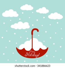 Cute Christmas and New Year vector illustration with blue sky, snowflakes and umbrella. Funny winter holiday background and card