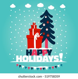 Cute Christmas and New Year vector illustration with presents, garland and Christmas tree decorating with holiday toys. Funny winter holiday background and card