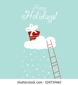 Cute Christmas and New Year vector illustration with blue sky, snowflakes, stairs and present on the cloud. Funny winter holiday background and card