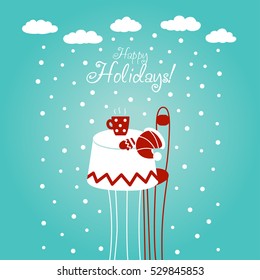 Cute Christmas and New Year vector illustration with blue sky, snowflakes, cup of tea, Santa hat, mitten, chair and table. Funny winter holiday card