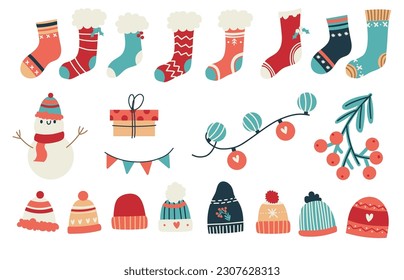 Cute christmas New Year Wool Knitted Decorative set collection in cartoon doodle style, Stocking, sock, hat, cap, garland, flags, gift present illustration