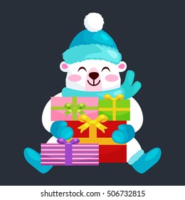 Cute Christmas North Pole bears during the winter holidays and the New Year's Eve sitting rejoice gifts. Teddy in clothes warm mittens, scarves and boots hat happy and joy vector illustration