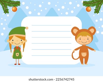Cute Christmas note and memo card with cute girl elf and monkey. Lined sheet paper for notebook, notepad, diary cartoon vector